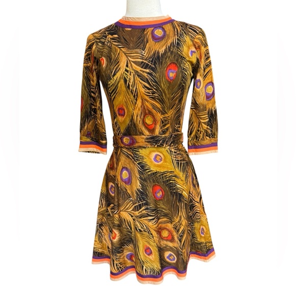 1960s/70s Peacock Feather Fit & Flare‎ Dress w/Matching Belt - Picture 1 of 6